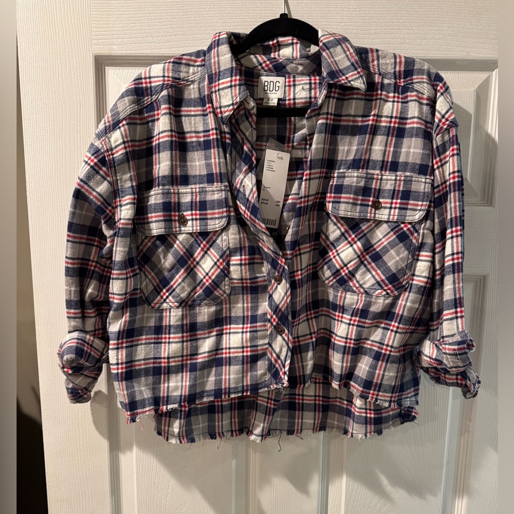 BDG Navy and Red Cropped Checkered Shirt